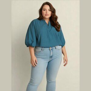 A New Day Women's Size XXL Dark Teal V Neck 3/4 Puff Sleeves Boxy Relaxed Top